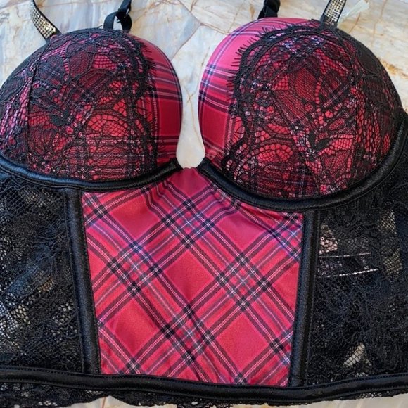 New 36C VS VERY SEXY Bombshell Add-2-Cups Push-Up Corset Top Red Plaid Shine - Picture 5 of 13